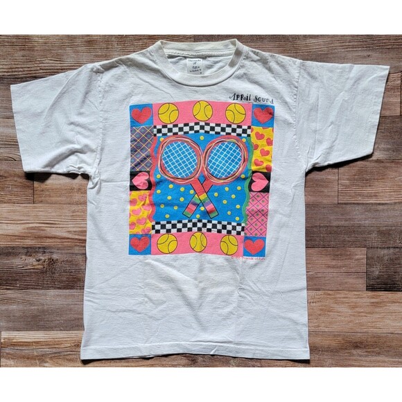 VTG 1995 Threads Of April Sound Tennis Hearts T Shirt Women's Size M USA - Picture 1 of 16